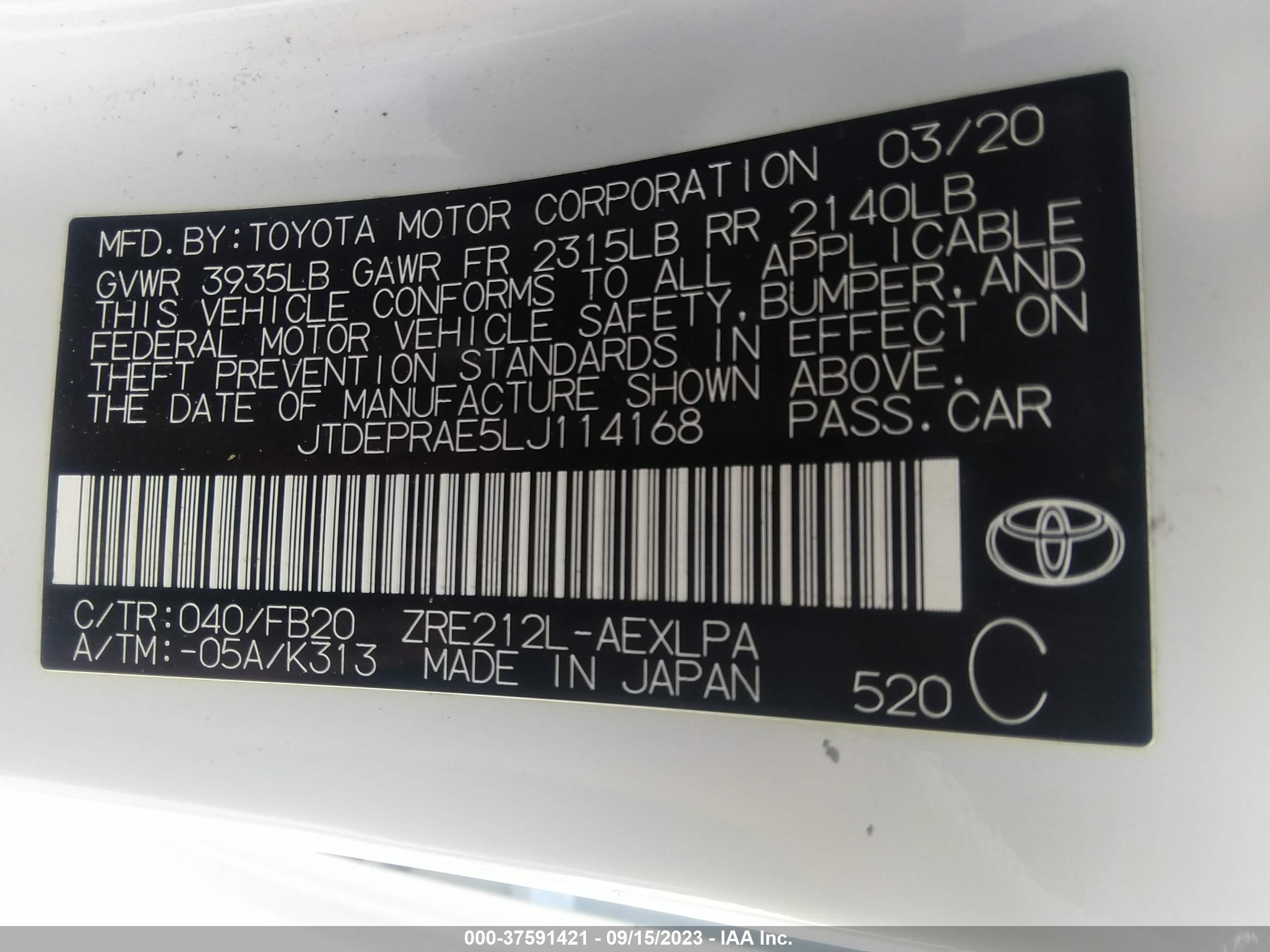 Photo 8 VIN: JTDEPRAE5LJ114168 - TOYOTA COROLLA 