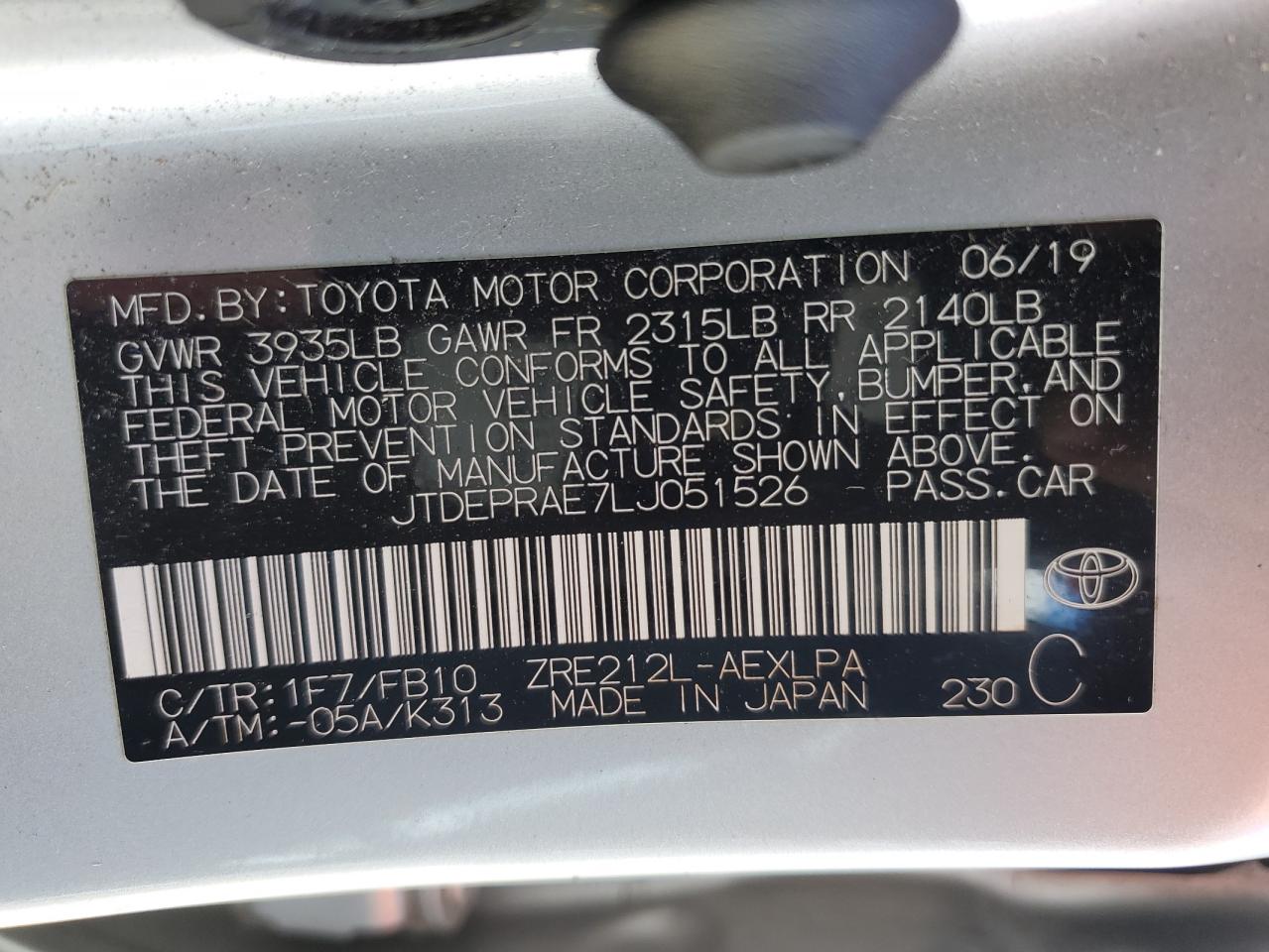 Photo 11 VIN: JTDEPRAE7LJ051526 - TOYOTA COROLLA 