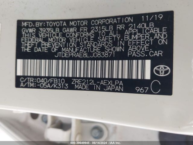 Photo 8 VIN: JTDEPRAE8LJ083871 - TOYOTA COROLLA 