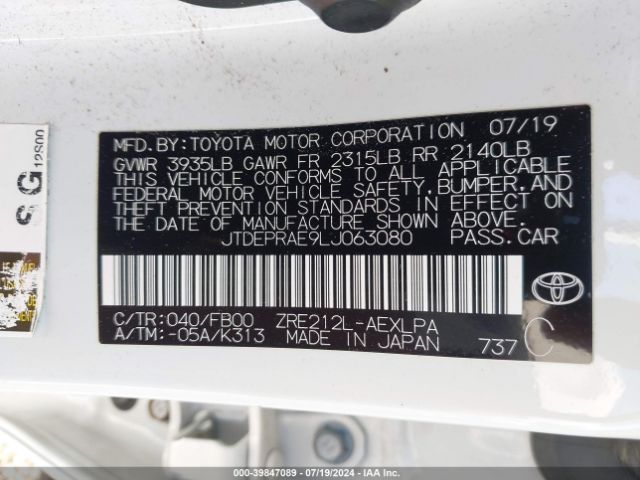 Photo 8 VIN: JTDEPRAE9LJ063080 - TOYOTA COROLLA 