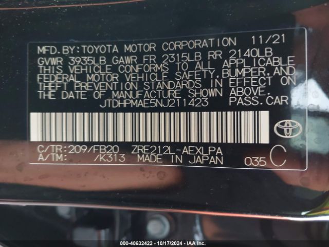 Photo 8 VIN: JTDHPMAE5NJ211423 - TOYOTA COROLLA 