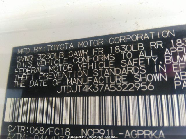 Photo 8 VIN: JTDJT4K37A5322956 - TOYOTA YARIS 