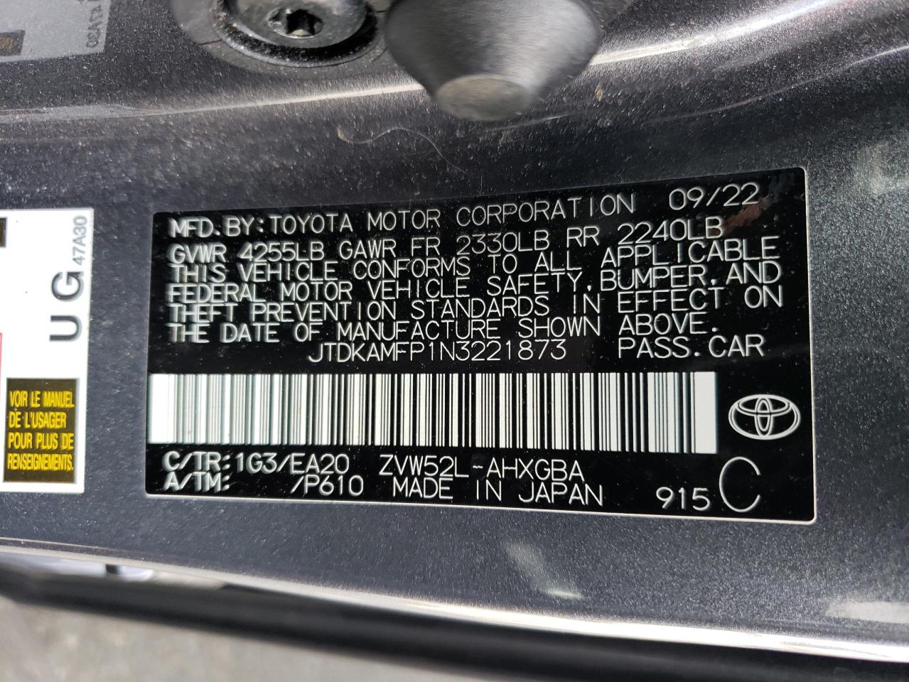 Photo 11 VIN: JTDKAMFP1N3221873 - TOYOTA PRIUS 