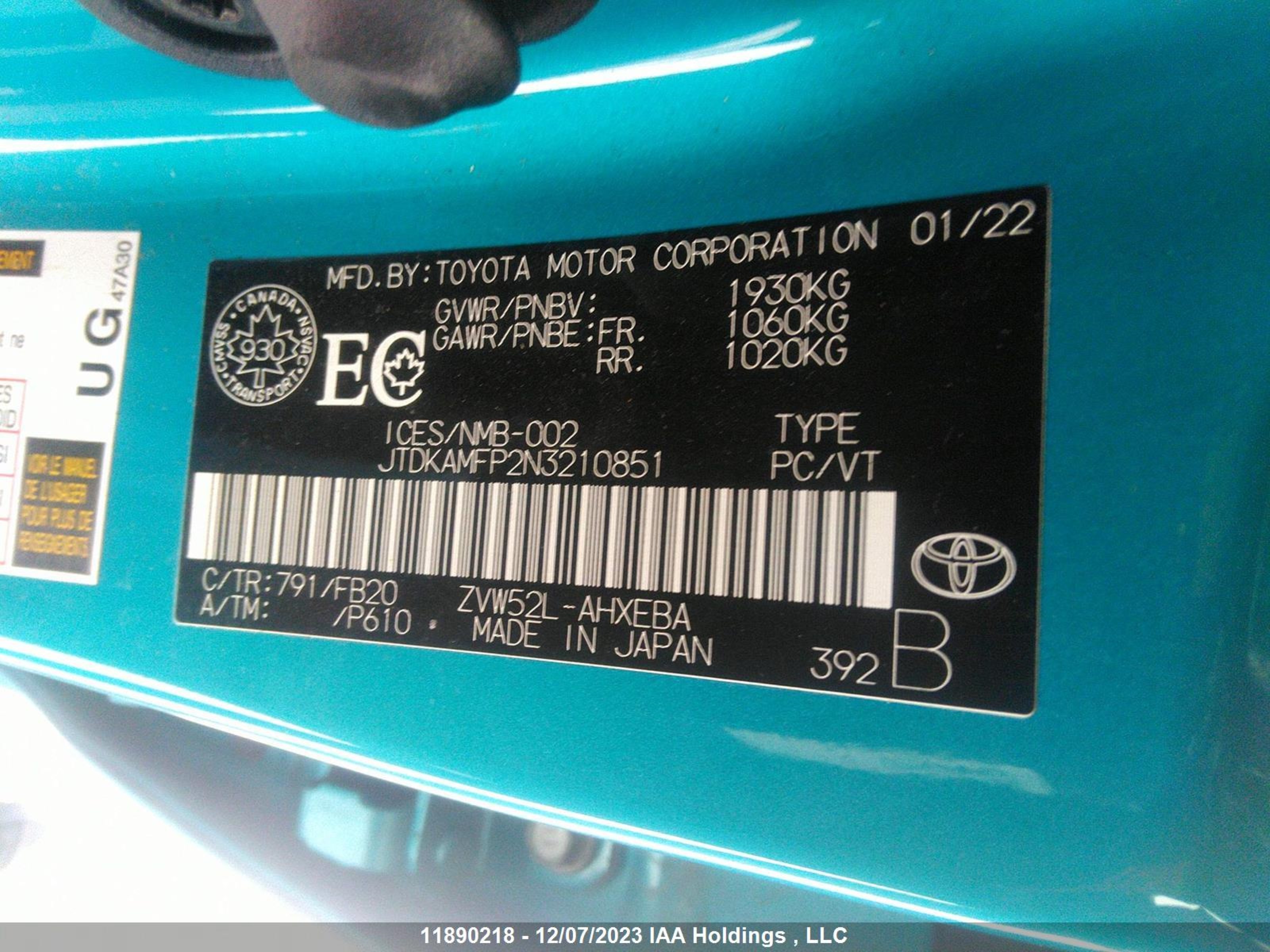 Photo 8 VIN: JTDKAMFP2N3210851 - TOYOTA PRIUS 