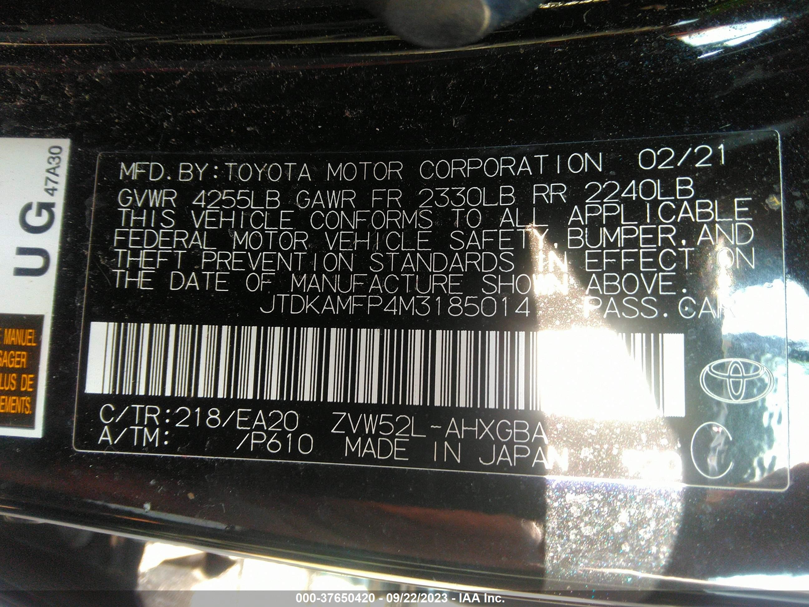 Photo 8 VIN: JTDKAMFP4M3185014 - TOYOTA PRIUS 