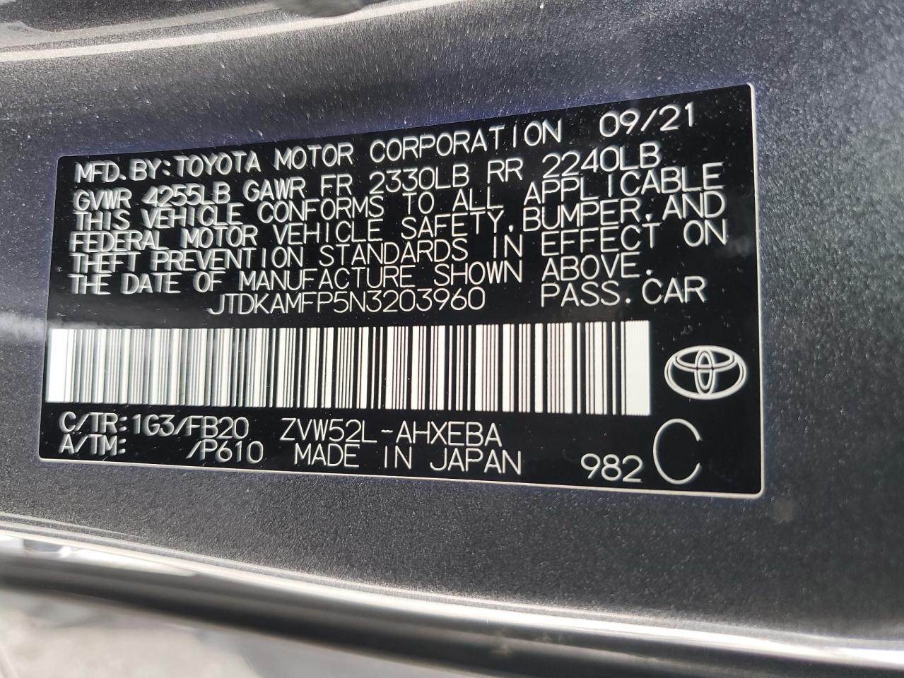 Photo 11 VIN: JTDKAMFP5N3203960 - TOYOTA PRIUS 