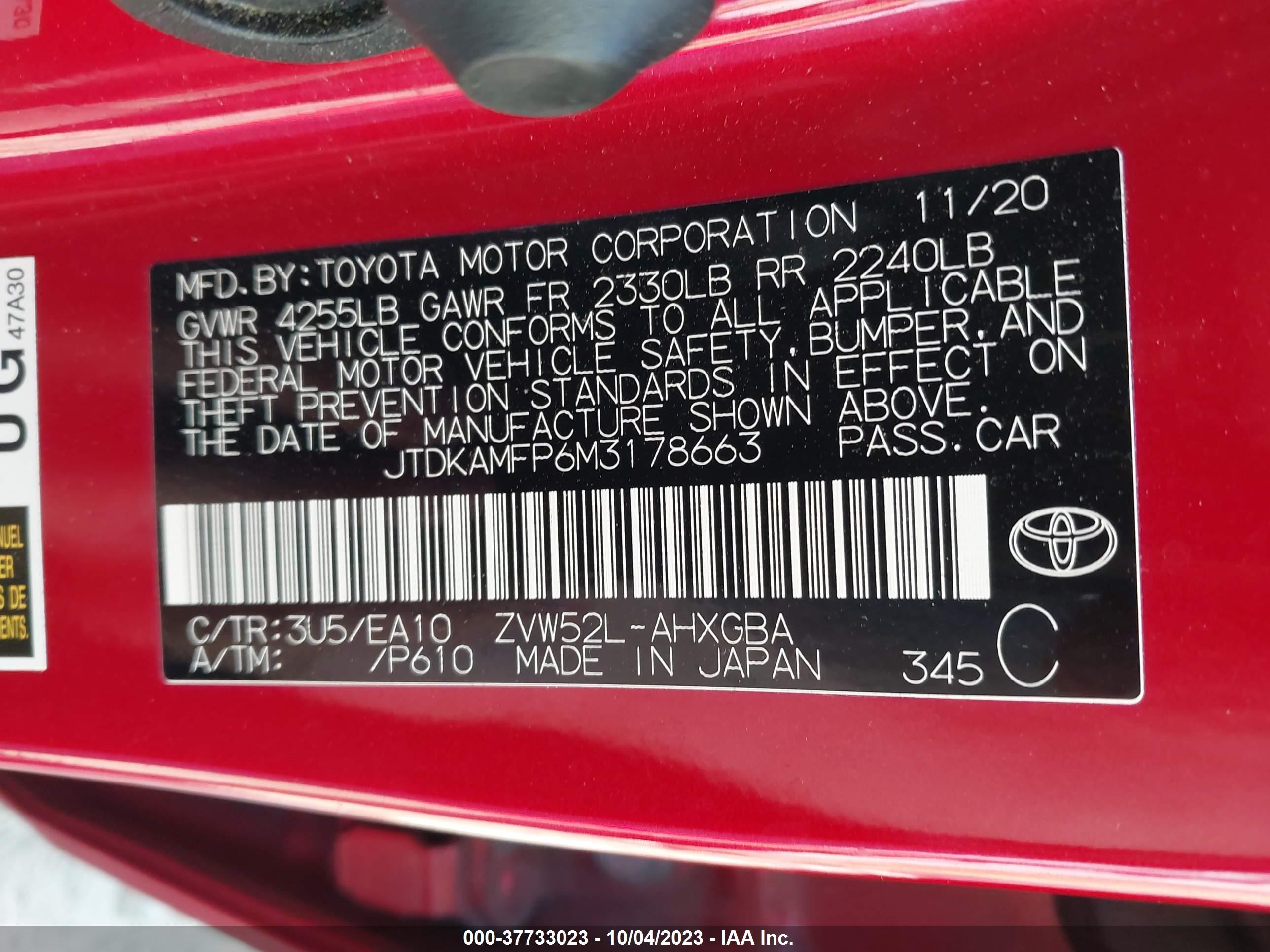 Photo 8 VIN: JTDKAMFP6M3178663 - TOYOTA PRIUS 