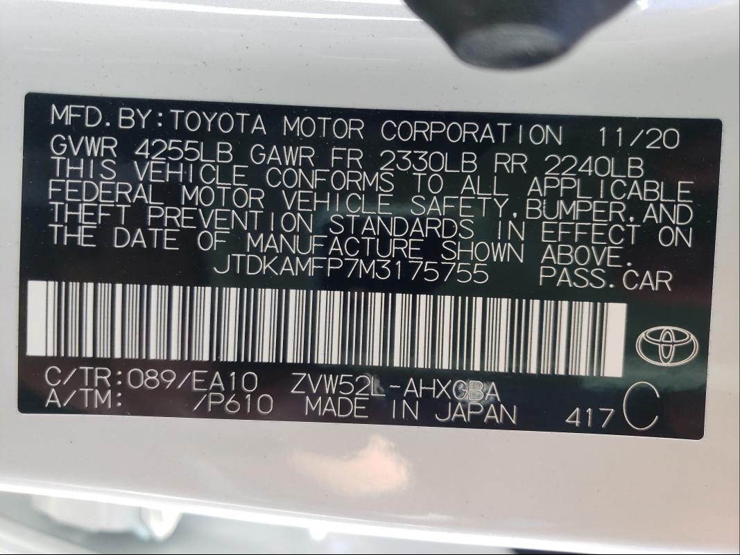 Photo 9 VIN: JTDKAMFP7M3175755 - TOYOTA PRIUS PRIM 