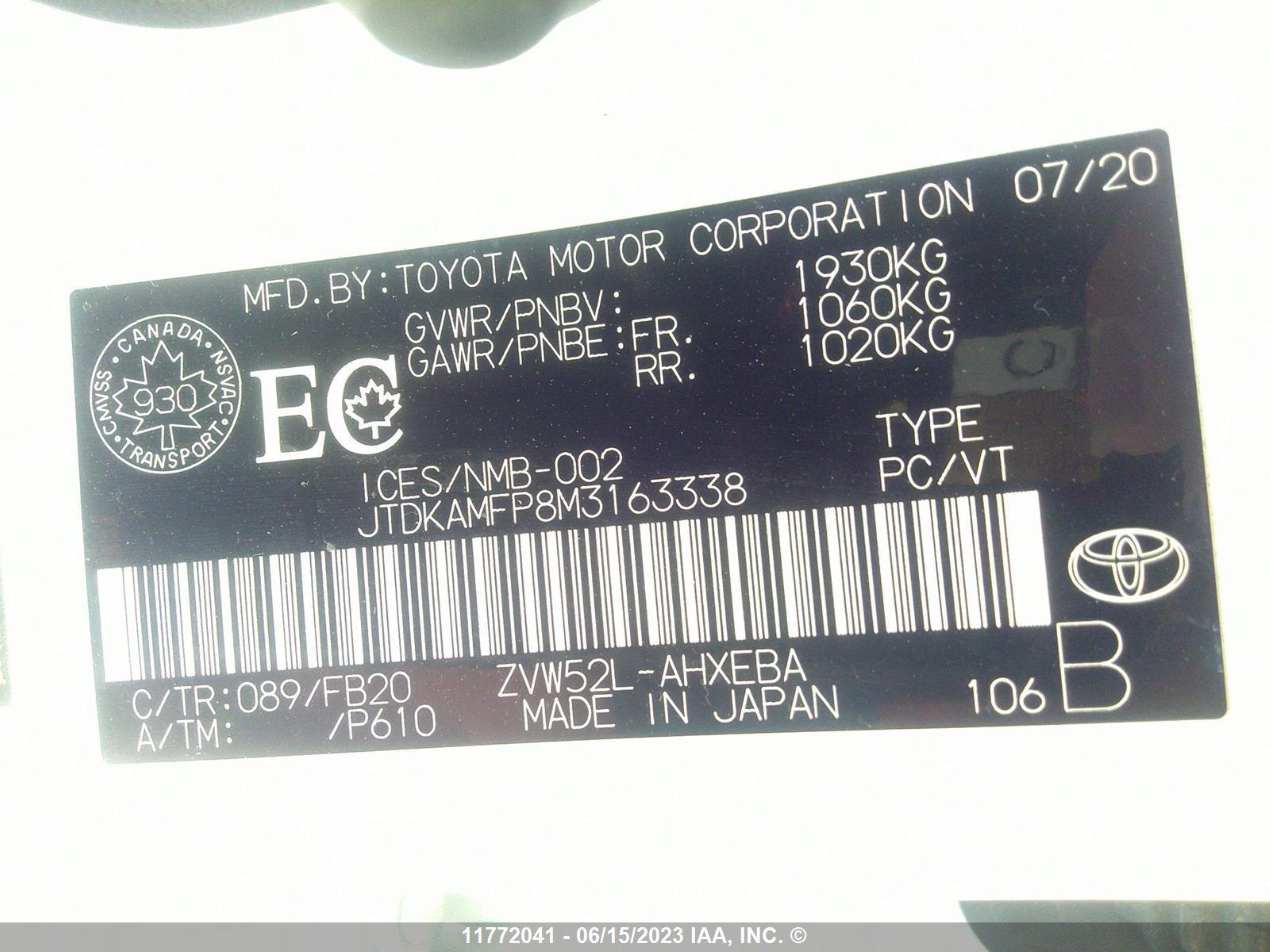 Photo 8 VIN: JTDKAMFP8M3163338 - TOYOTA PRIUS 