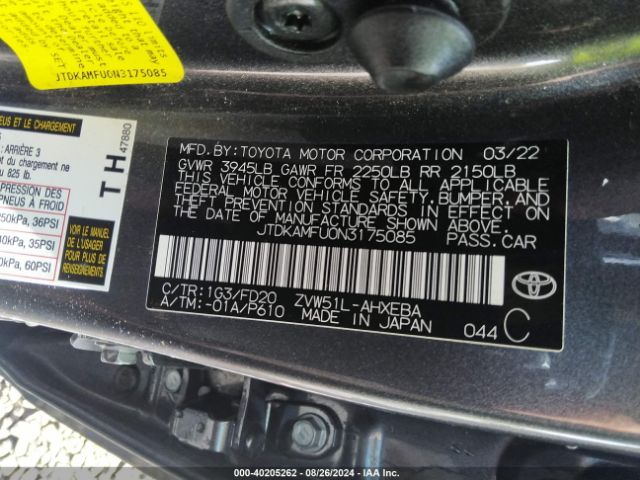 Photo 8 VIN: JTDKAMFU0N3175085 - TOYOTA PRIUS 