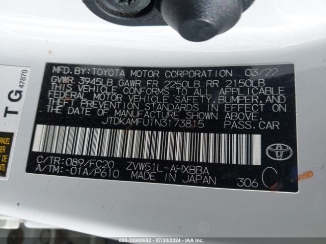 Photo 8 VIN: JTDKAMFU1N3173815 - TOYOTA PRIUS 