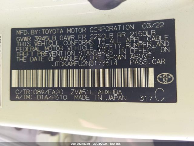 Photo 8 VIN: JTDKAMFU2N3173614 - TOYOTA PRIUS 