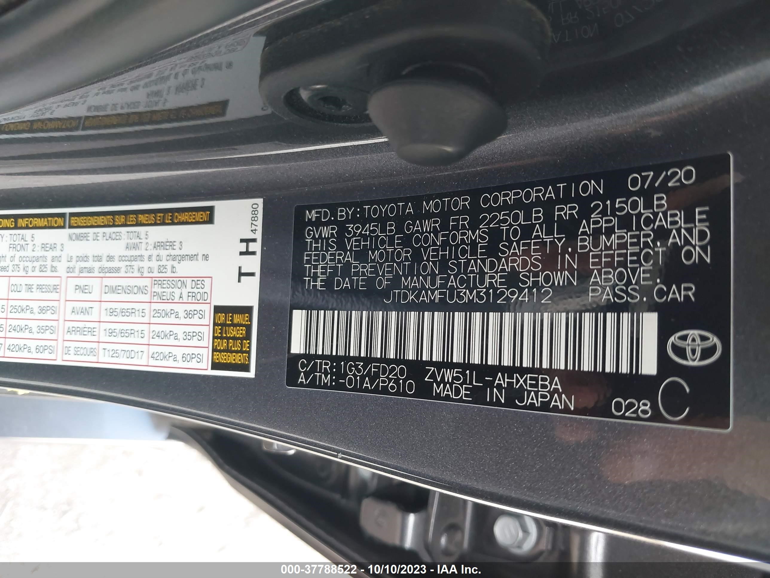 Photo 8 VIN: JTDKAMFU3M3129412 - TOYOTA PRIUS 