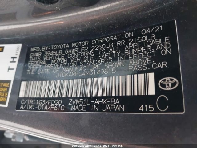 Photo 8 VIN: JTDKAMFU4M3149815 - TOYOTA PRIUS 