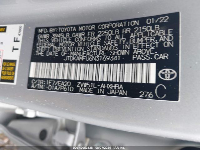 Photo 8 VIN: JTDKAMFU6N3169341 - TOYOTA PRIUS 