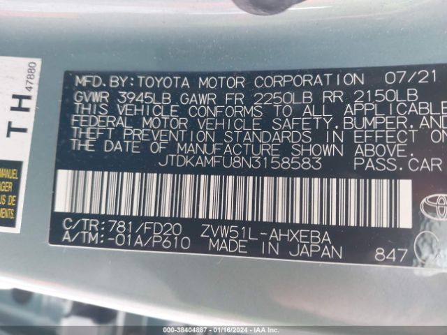 Photo 8 VIN: JTDKAMFU8N3158583 - TOYOTA PRIUS 