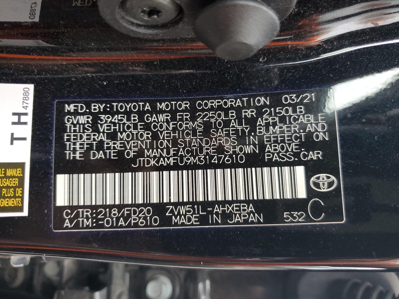 Photo 12 VIN: JTDKAMFU9M3147610 - TOYOTA PRIUS 