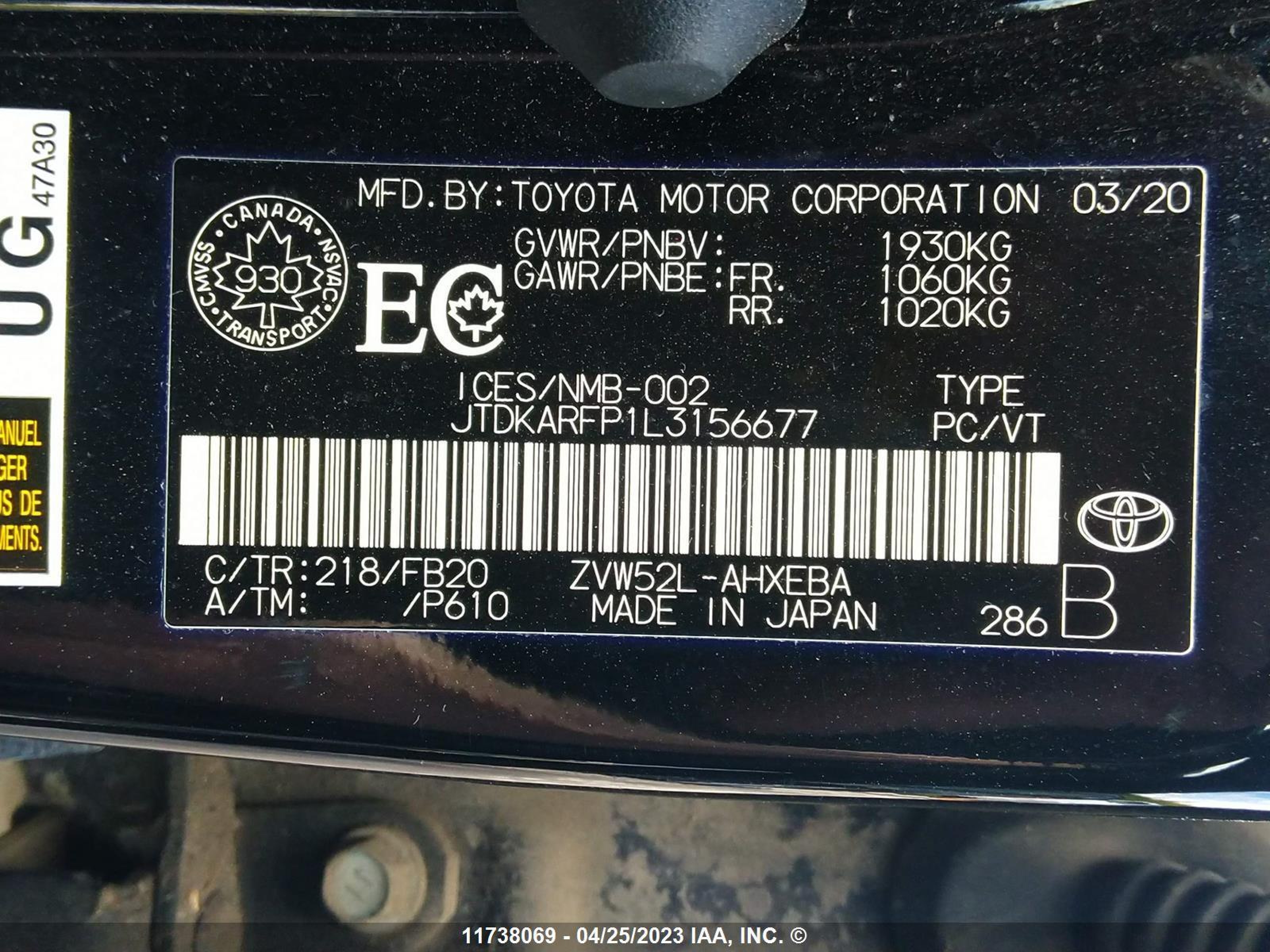 Photo 8 VIN: JTDKARFP1L3156677 - TOYOTA PRIUS 