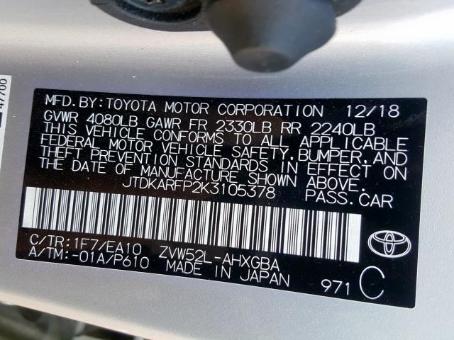 Photo 9 VIN: JTDKARFP2K3105378 - TOYOTA PRIUS PRIM 