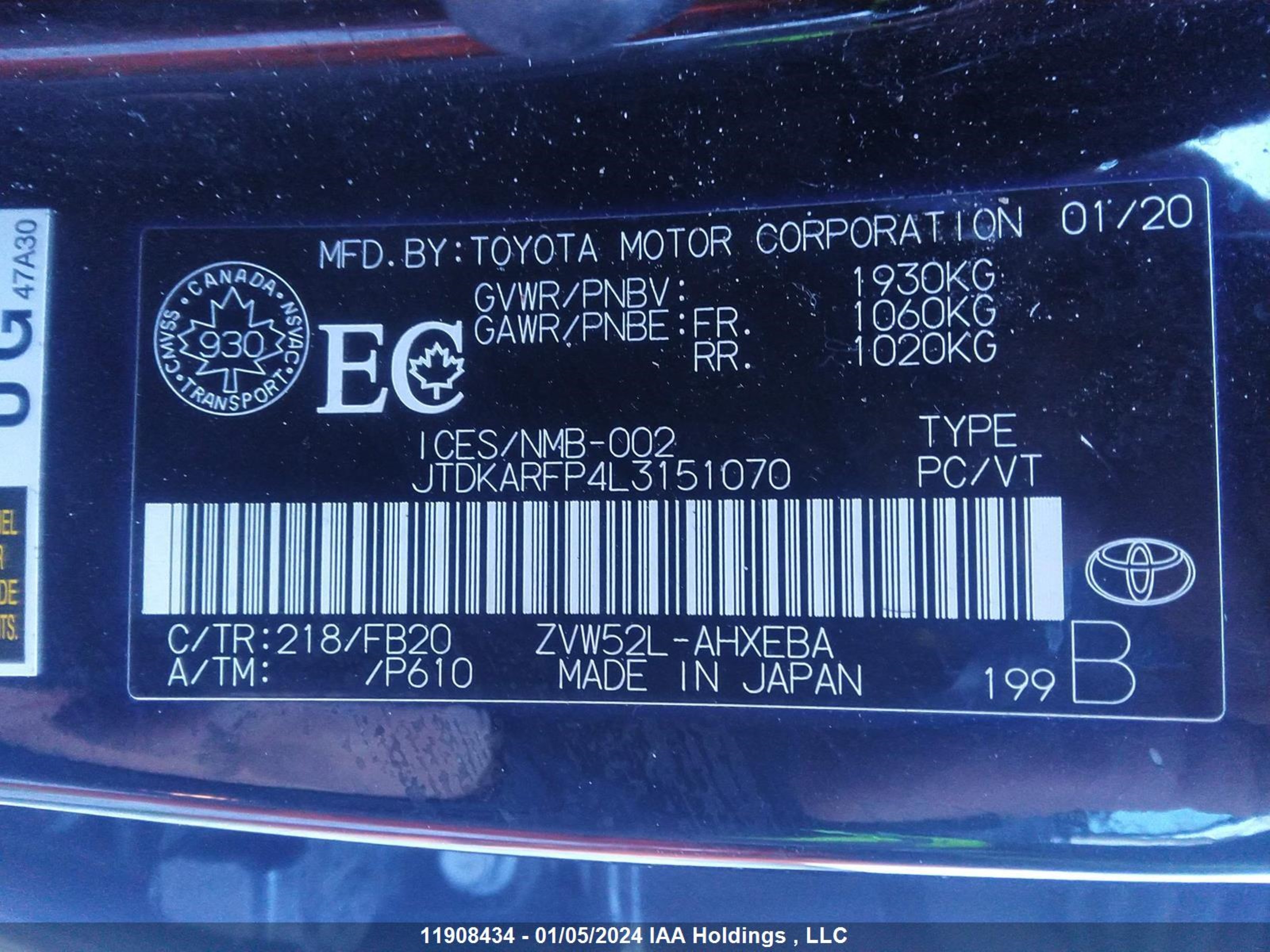 Photo 8 VIN: JTDKARFP4L3151070 - TOYOTA PRIUS 