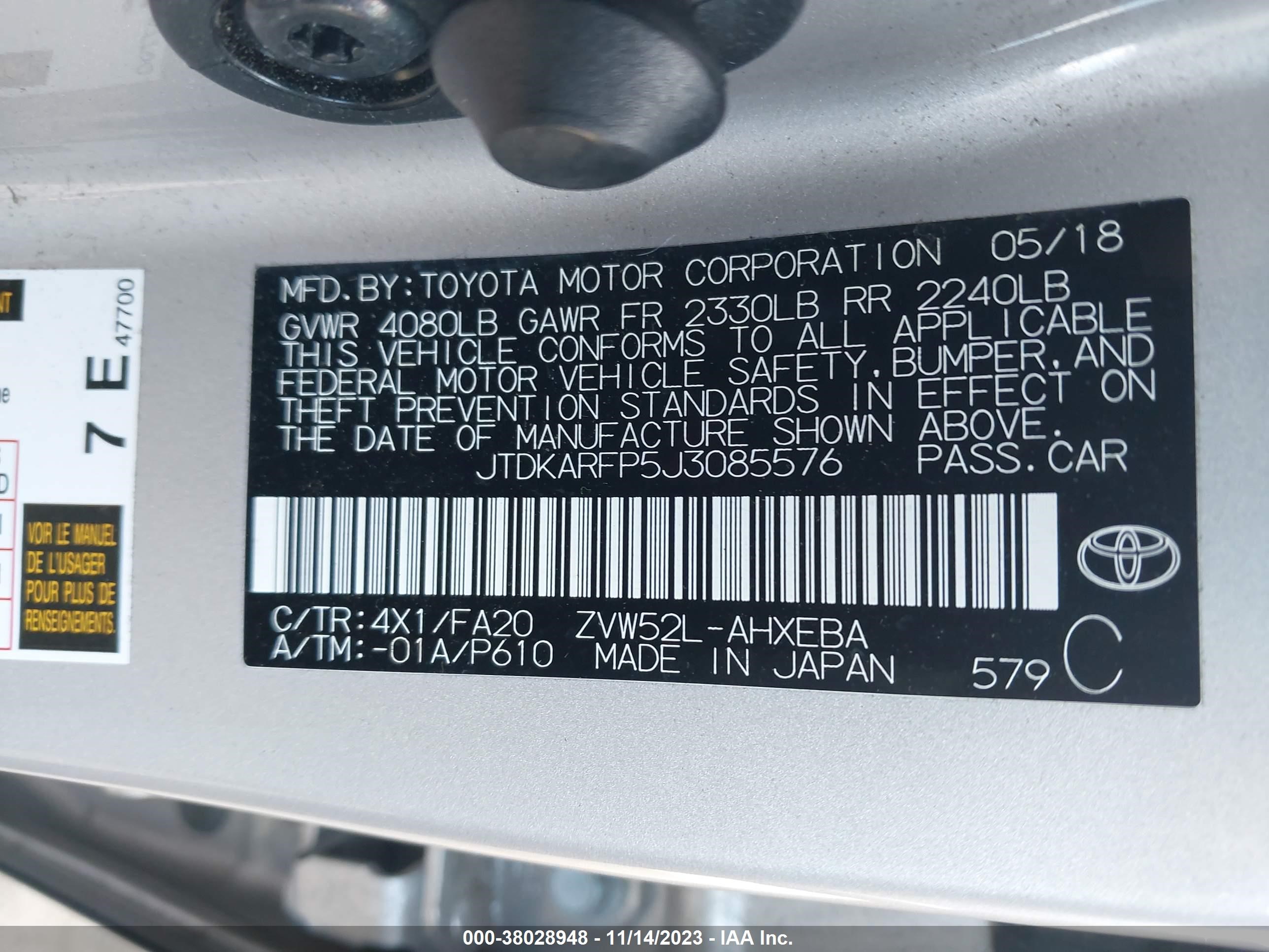 Photo 8 VIN: JTDKARFP5J3085576 - TOYOTA PRIUS 