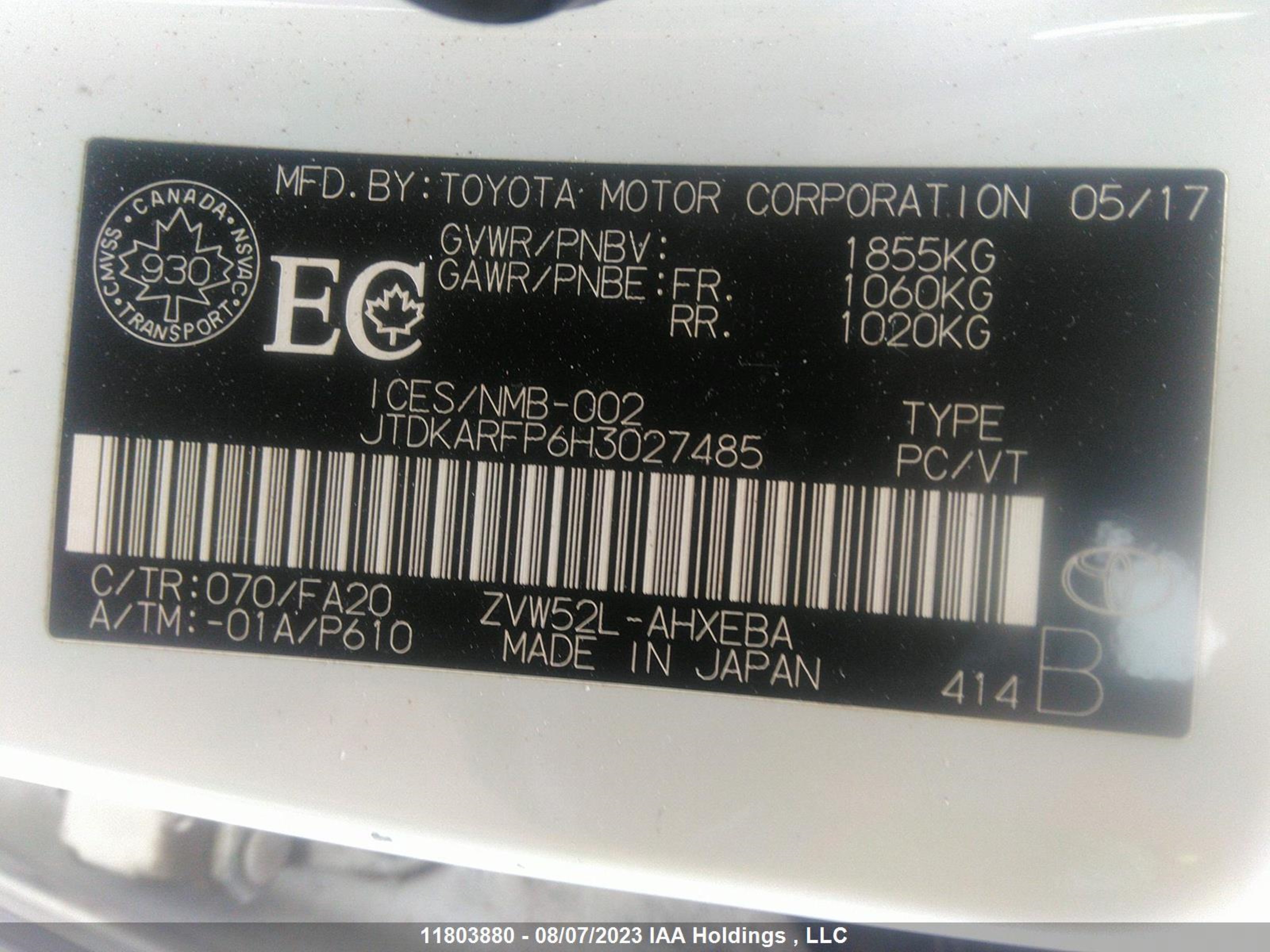 Photo 8 VIN: JTDKARFP6H3027485 - TOYOTA PRIUS 