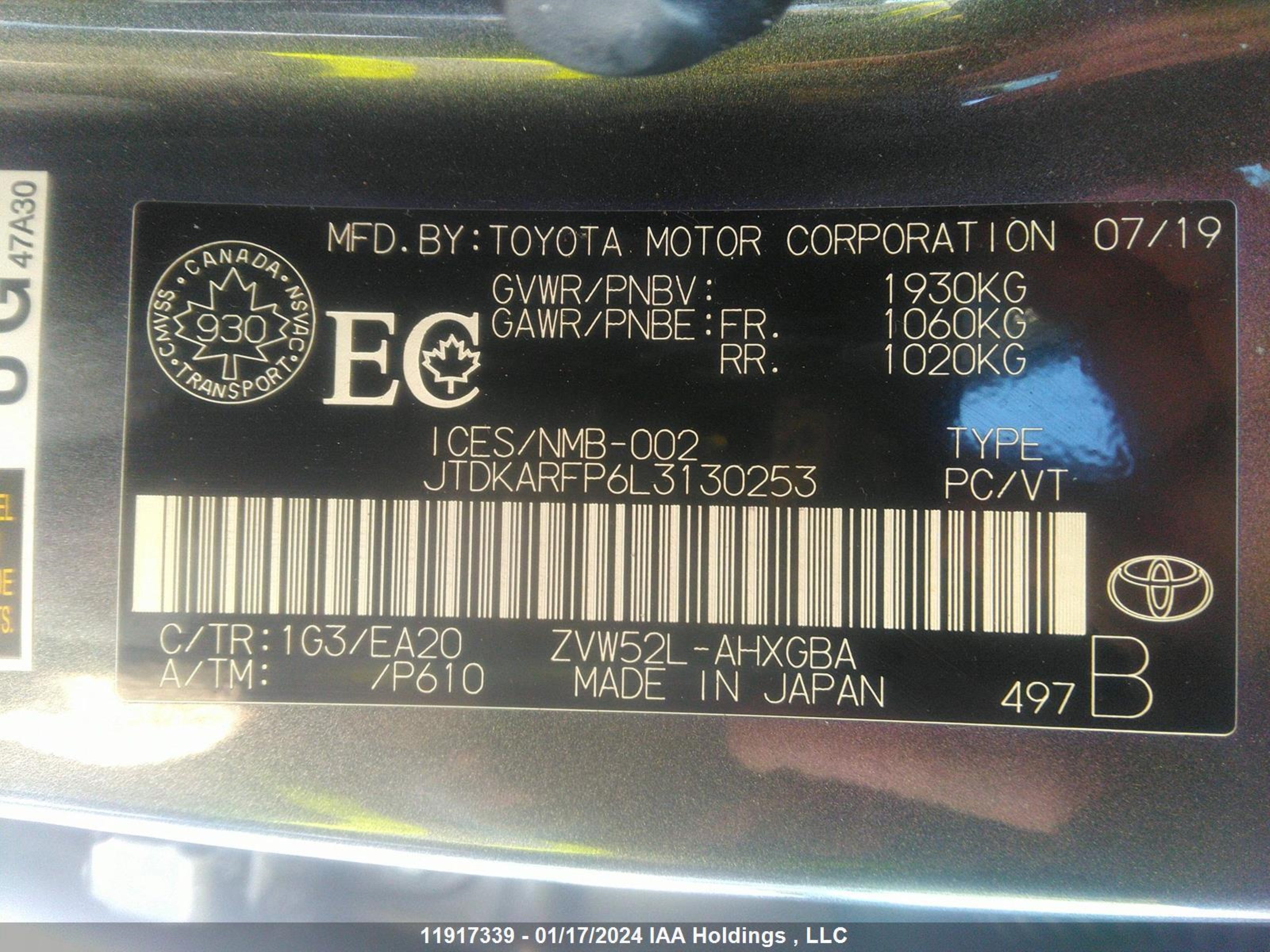 Photo 8 VIN: JTDKARFP6L3130253 - TOYOTA PRIUS 