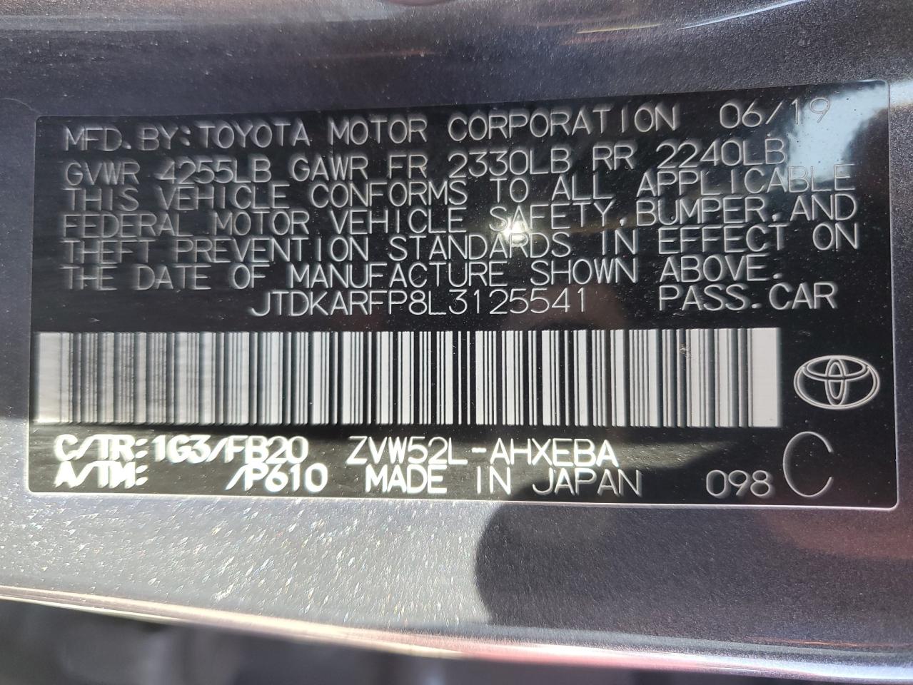 Photo 11 VIN: JTDKARFP8L3125541 - TOYOTA PRIUS 