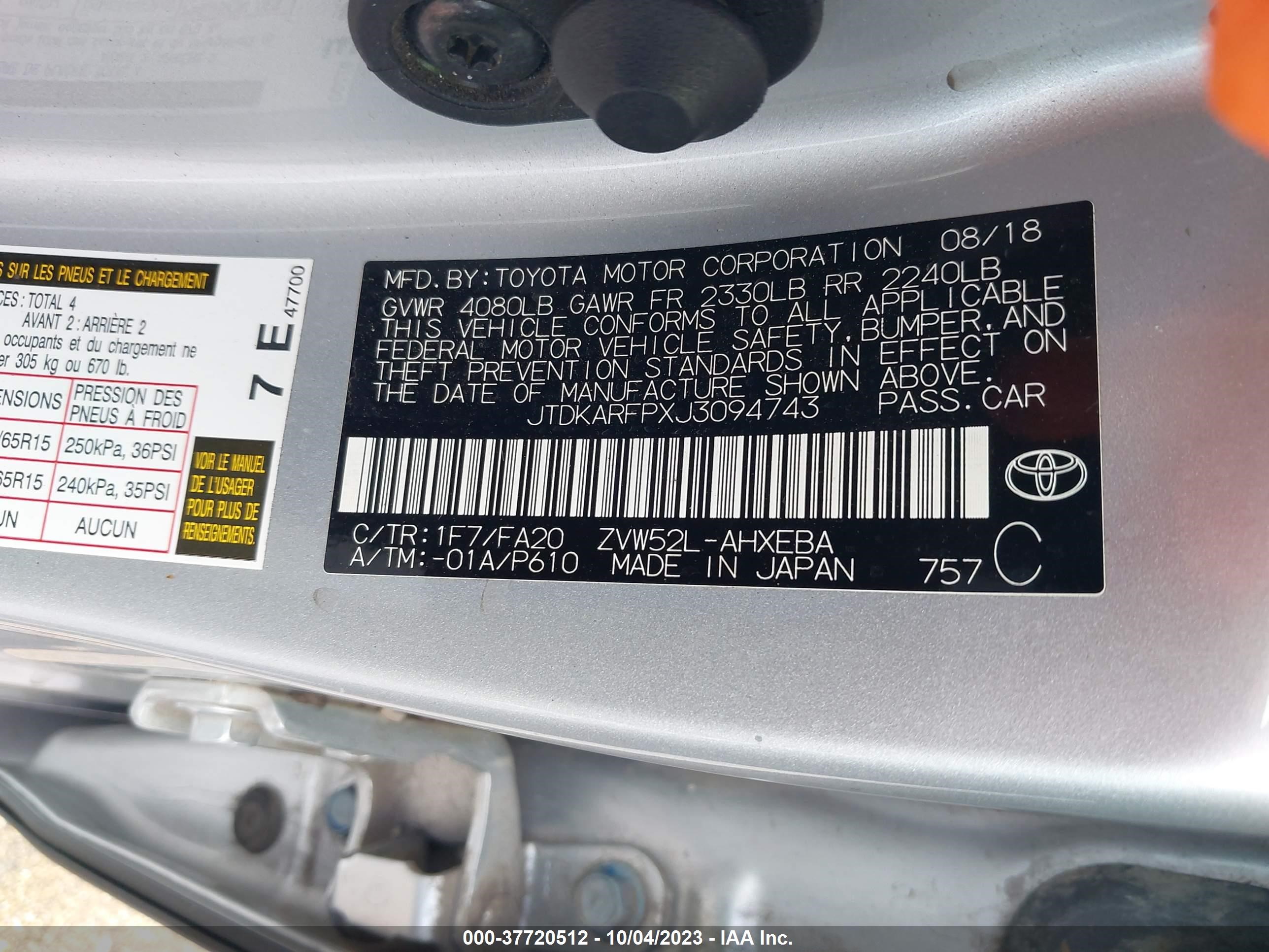 Photo 8 VIN: JTDKARFPXJ3094743 - TOYOTA PRIUS 