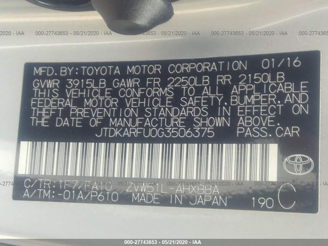 Photo 8 VIN: JTDKARFU0G3506375 - TOYOTA PRIUS 