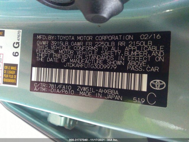 Photo 8 VIN: JTDKARFU1G3009979 - TOYOTA PRIUS 