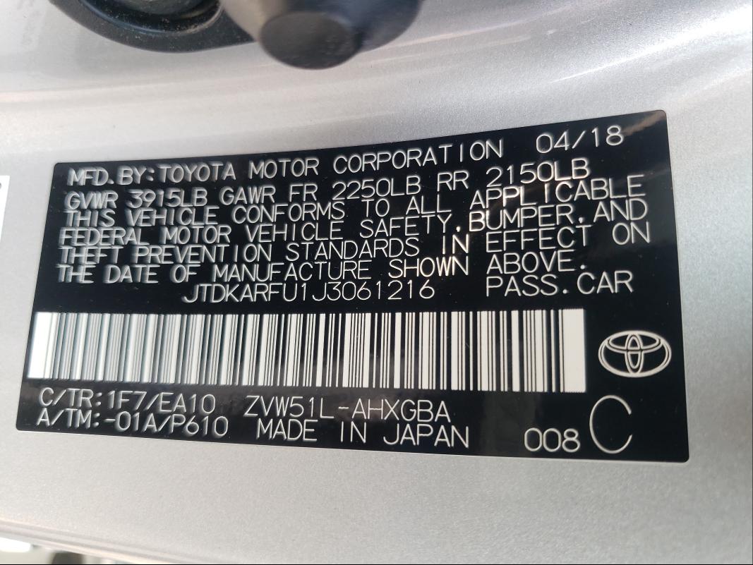 Photo 9 VIN: JTDKARFU1J3061216 - TOYOTA PRIUS 