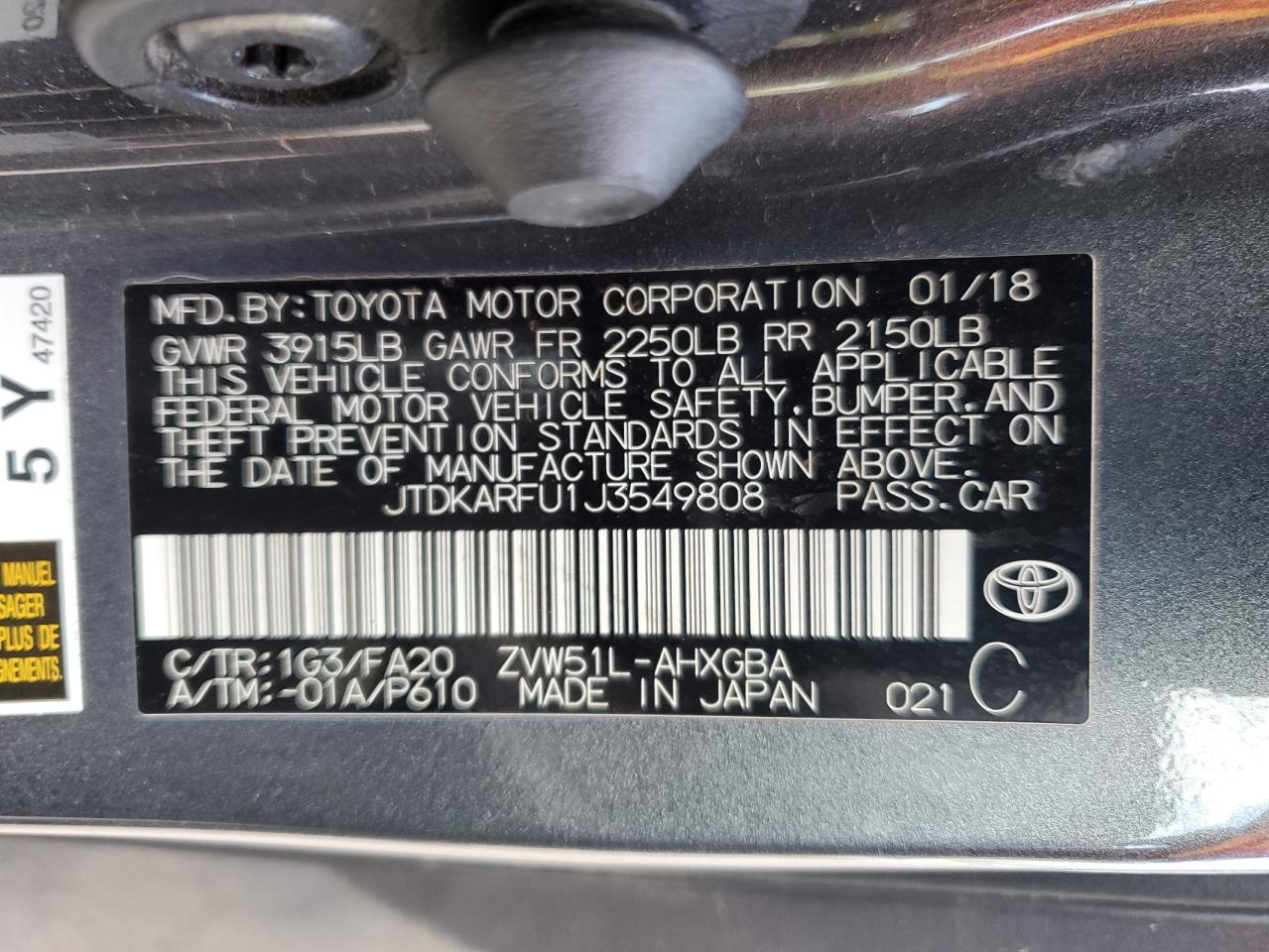 Photo 12 VIN: JTDKARFU1J3549808 - TOYOTA PRIUS 