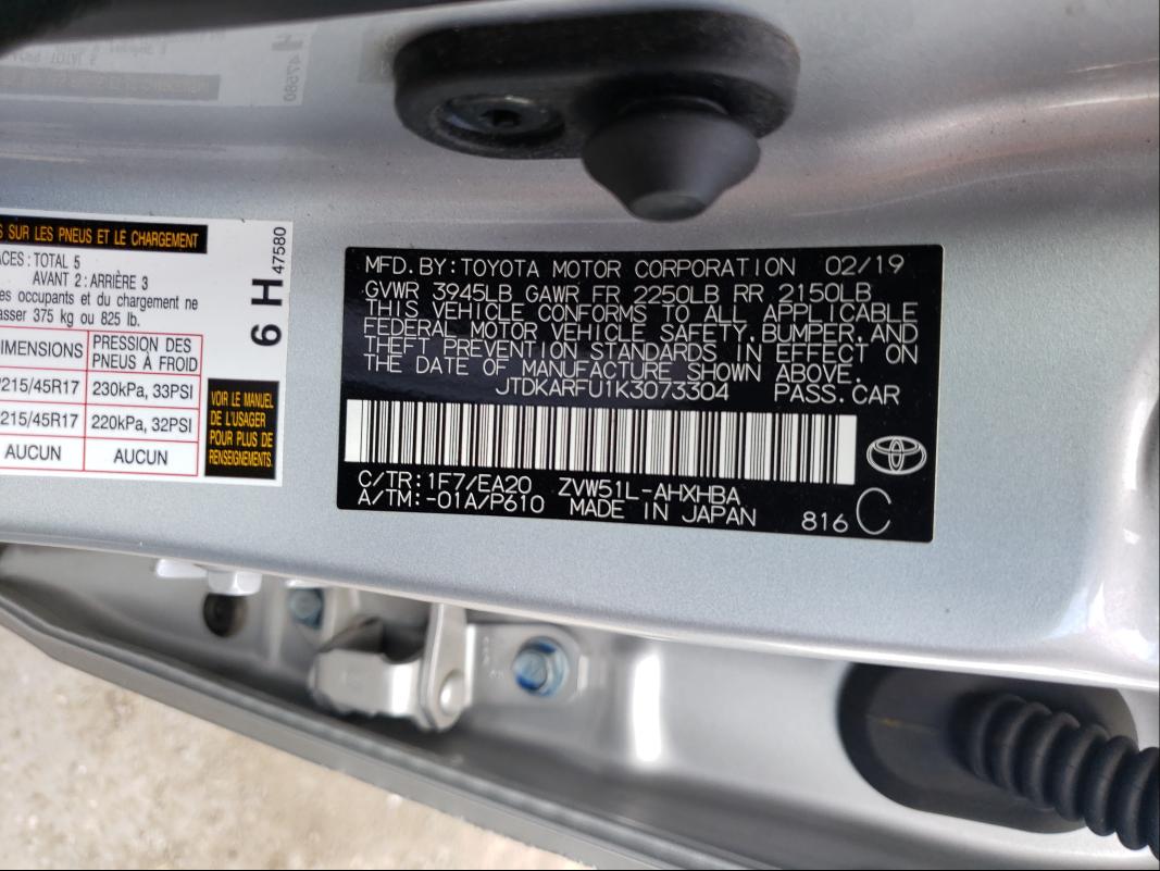 Photo 9 VIN: JTDKARFU1K3073304 - TOYOTA PRIUS 