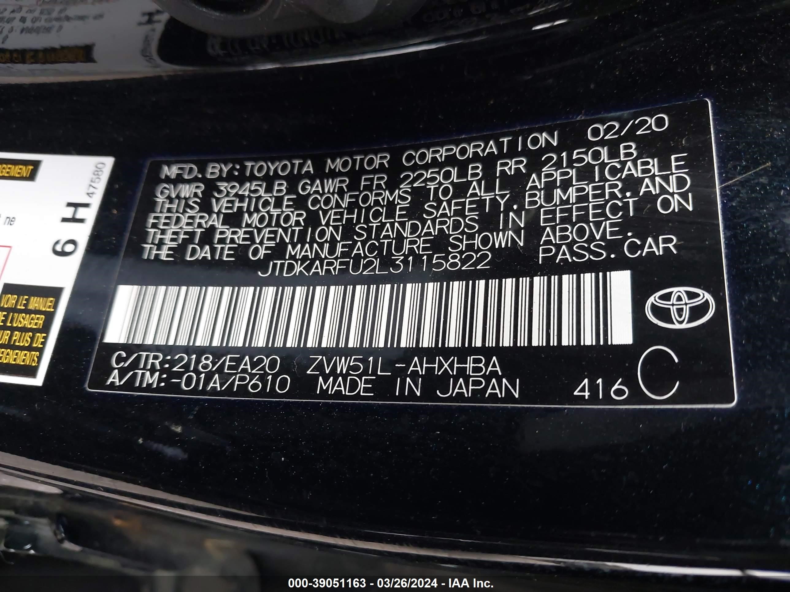 Photo 8 VIN: JTDKARFU2L3115822 - TOYOTA PRIUS 