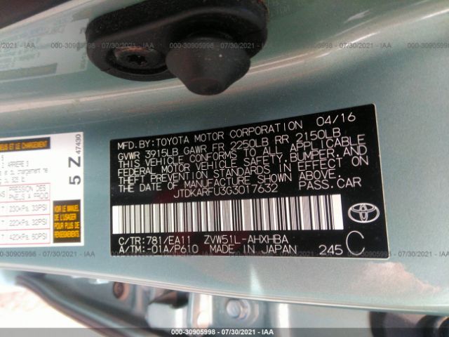 Photo 8 VIN: JTDKARFU3G3017632 - TOYOTA PRIUS 