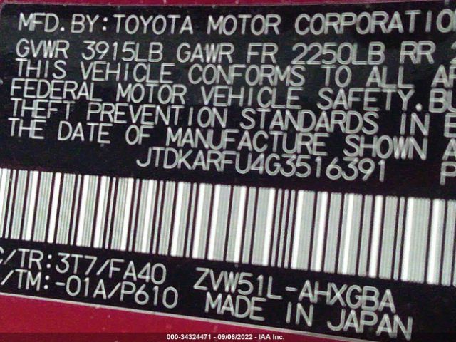 Photo 8 VIN: JTDKARFU4G3516391 - TOYOTA PRIUS 