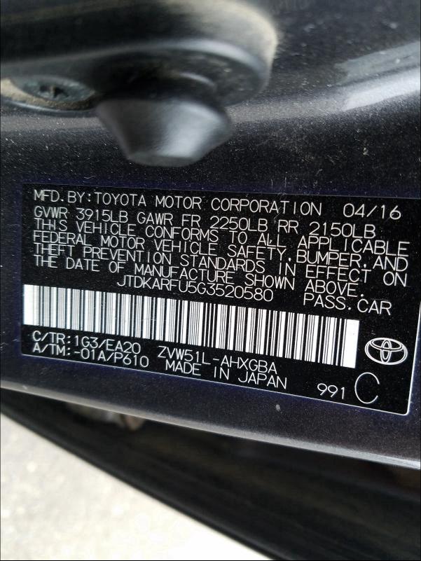 Photo 9 VIN: JTDKARFU5G3520580 - TOYOTA PRIUS 