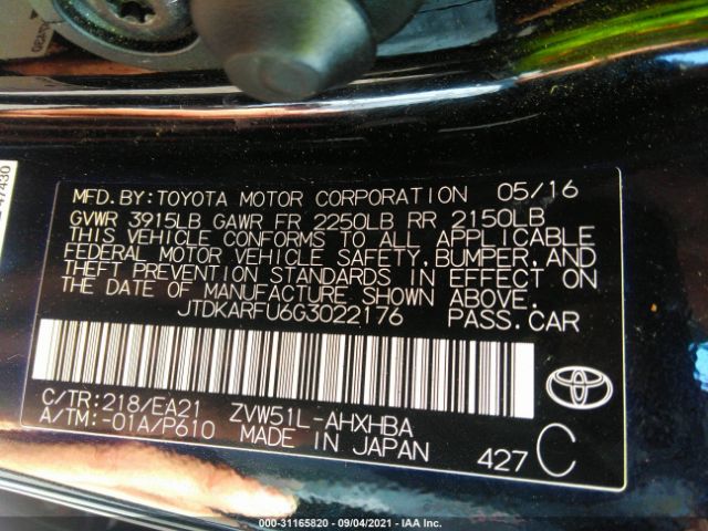 Photo 8 VIN: JTDKARFU6G3022176 - TOYOTA PRIUS 