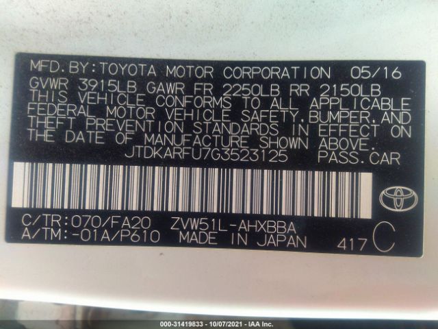 Photo 8 VIN: JTDKARFU7G3523125 - TOYOTA PRIUS 