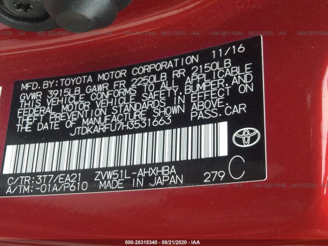 Photo 8 VIN: JTDKARFU7H3531663 - TOYOTA PRIUS 