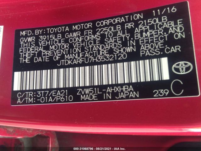 Photo 8 VIN: JTDKARFU7H3532120 - TOYOTA PRIUS 