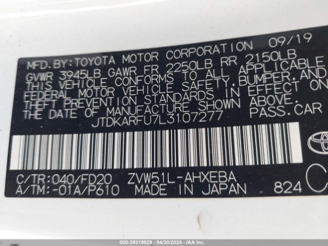 Photo 8 VIN: JTDKARFU7L3107277 - TOYOTA PRIUS 