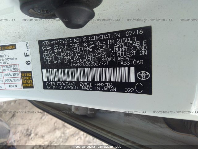 Photo 8 VIN: JTDKARFU8G3027721 - TOYOTA PRIUS 