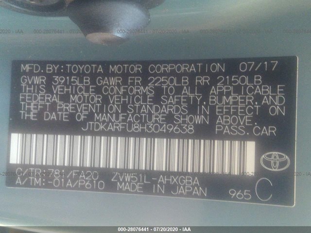 Photo 8 VIN: JTDKARFU8H3049638 - TOYOTA PRIUS 