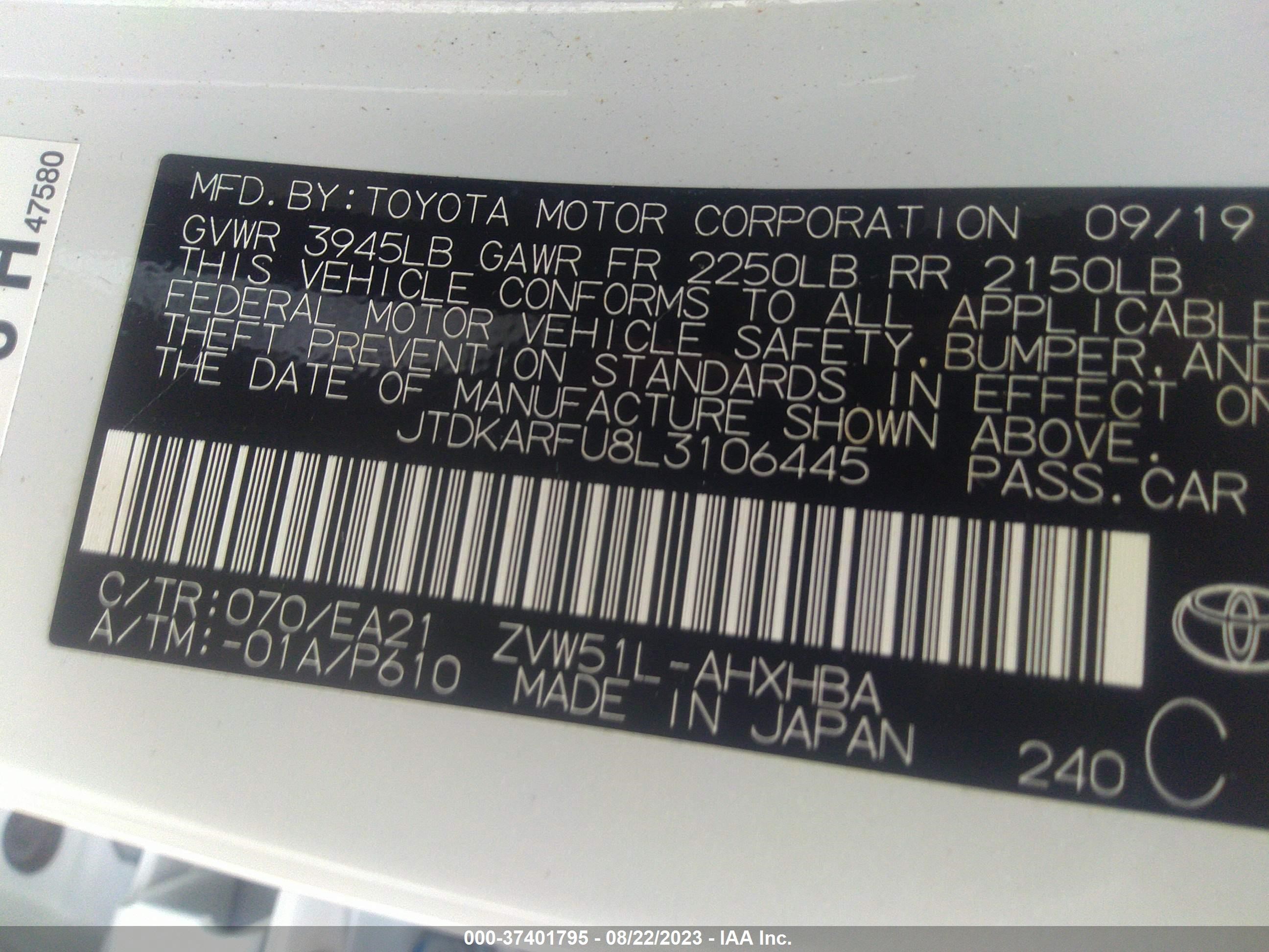 Photo 8 VIN: JTDKARFU8L3106445 - TOYOTA PRIUS 