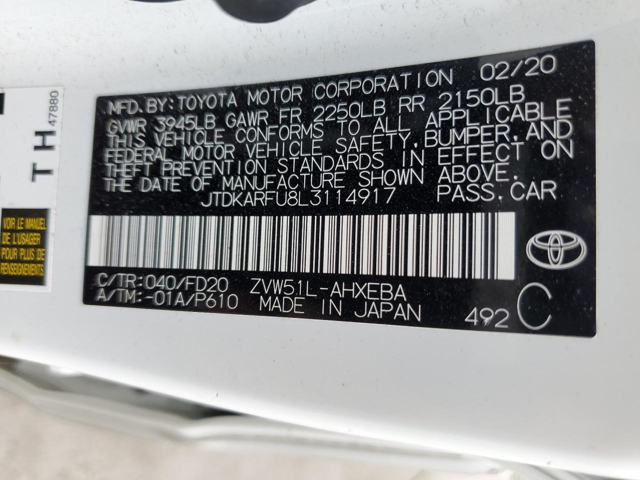 Photo 12 VIN: JTDKARFU8L3114917 - TOYOTA PRIUS 