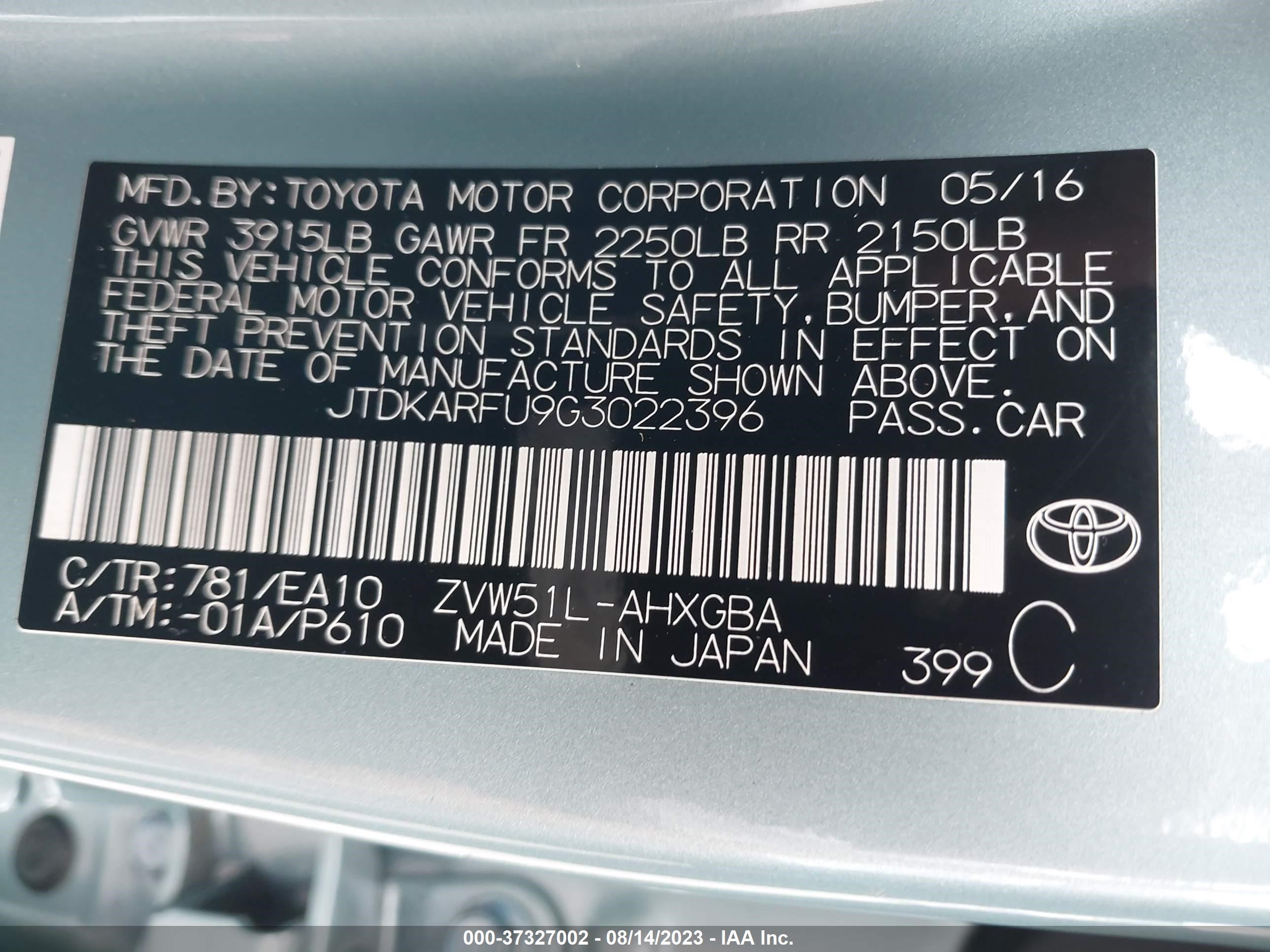 Photo 8 VIN: JTDKARFU9G3022396 - TOYOTA PRIUS 