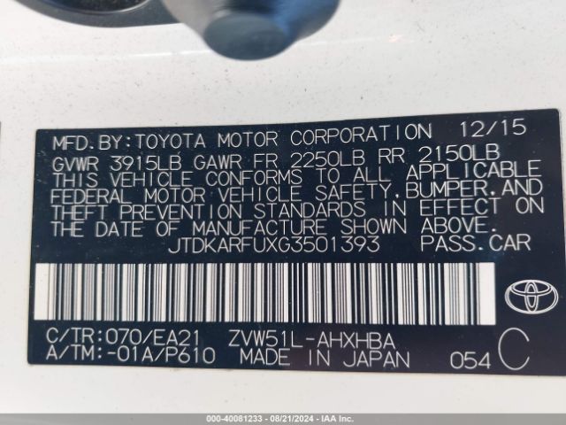 Photo 8 VIN: JTDKARFUXG3501393 - TOYOTA PRIUS 