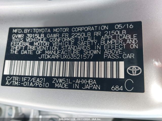 Photo 8 VIN: JTDKARFUXG3521577 - TOYOTA PRIUS 